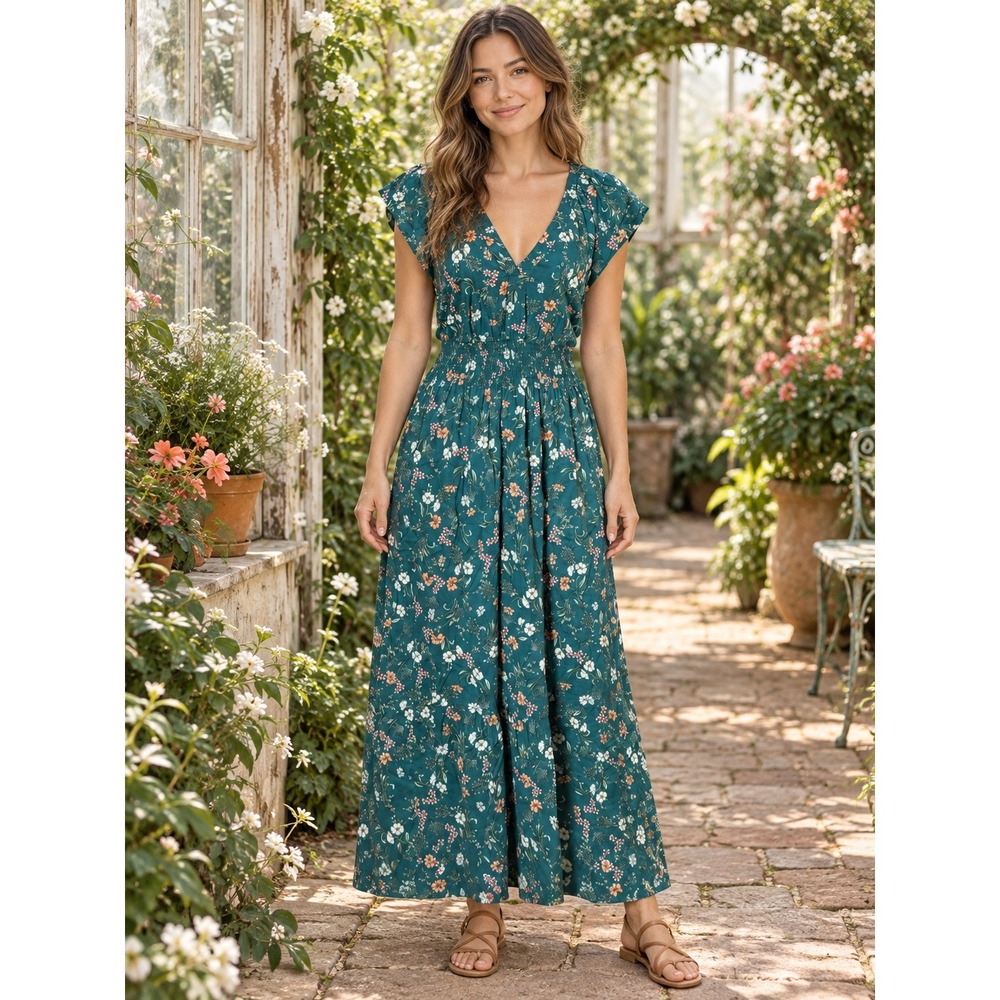 K307. Boho Cottagecore Green Floral Smocked Waist Midi Dress Flutter Sleeve